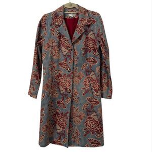 Pamela Barish Floral Trench Jacket Sz 4 Boho Chic Vintage Style Bling Button Art